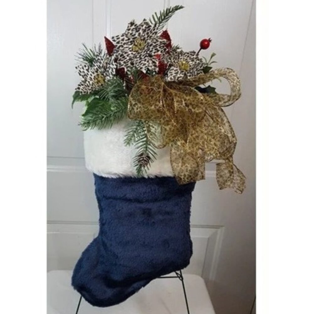 Christmas Stocking Door Hanger, Holiday Plush Stocking Decor, Blue Stocking